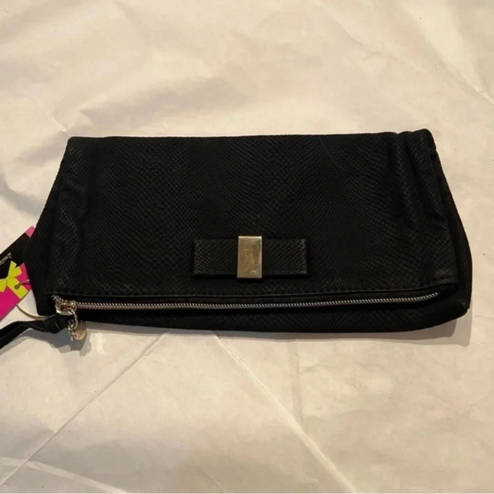 Victoria Secret Fold-Over Classic Black With Bow Wristlet Clutch Bag NWT